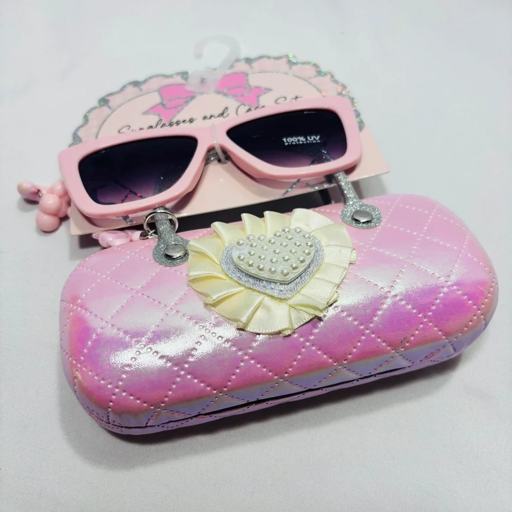 Kids Pink Sunglasses and Quilted Iridescent Heart Case Set UV Protection